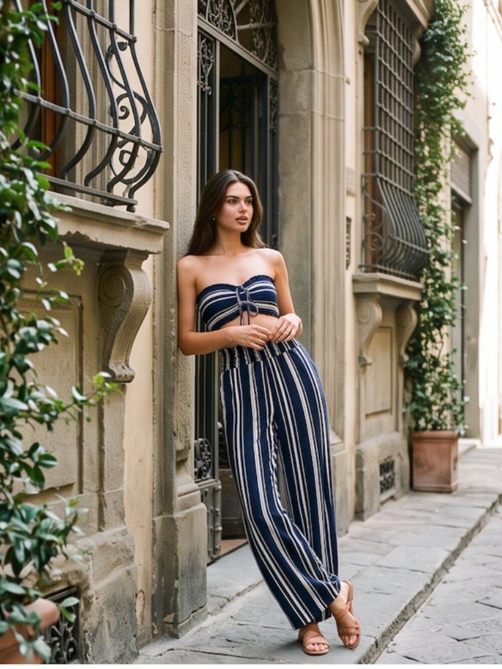Blue/White Striped Drawstring Front Tube Top & Wide Leg Pants